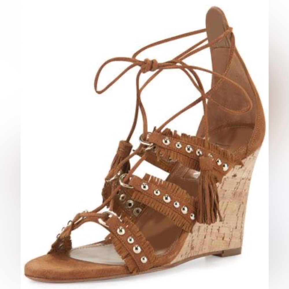 Aquazzura Tulum Studded Wedge Wrap Cognac Brown Sandals